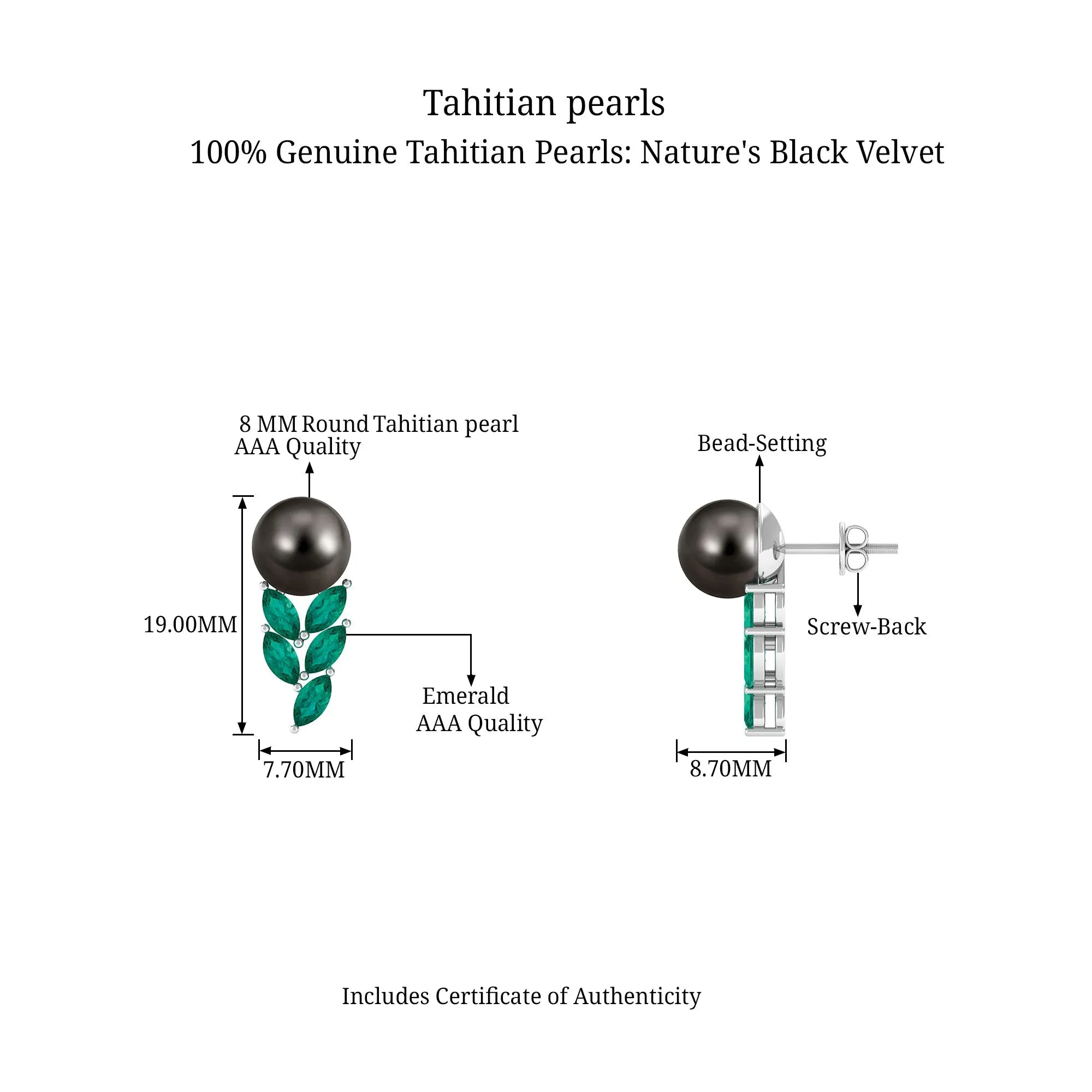 Nature Inspired Black Pearl Stud Earrings with Emerald Leaf Motifs