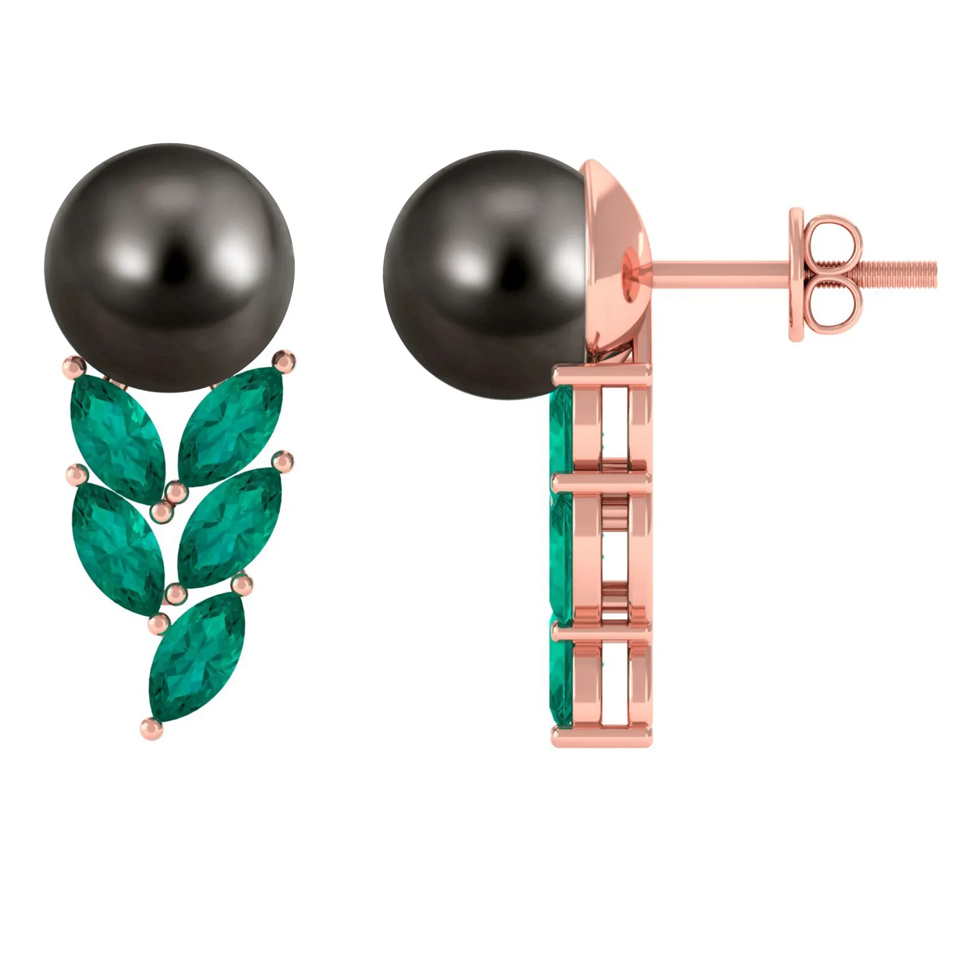 Nature Inspired Black Pearl Stud Earrings with Emerald Leaf Motifs