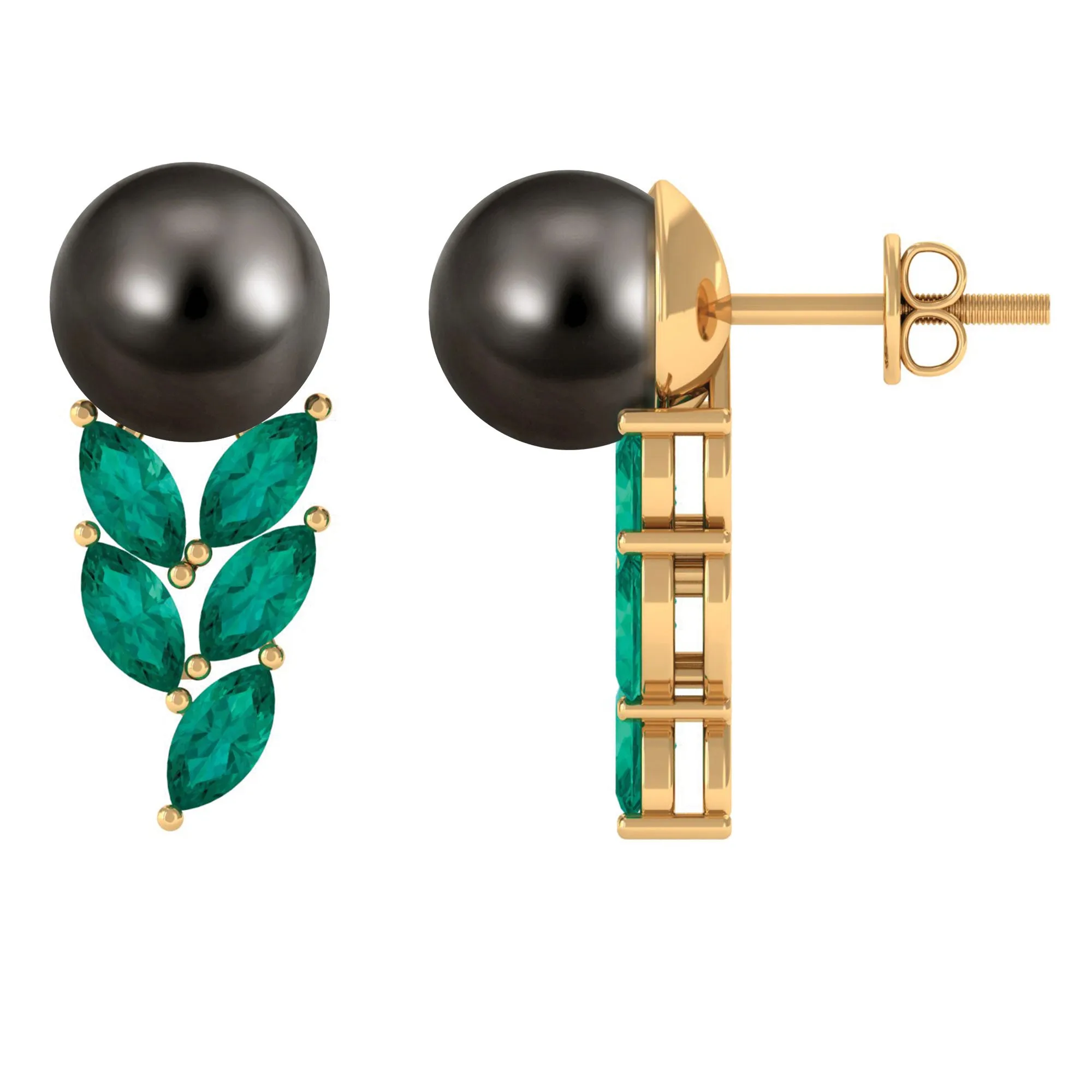 Nature Inspired Black Pearl Stud Earrings with Emerald Leaf Motifs