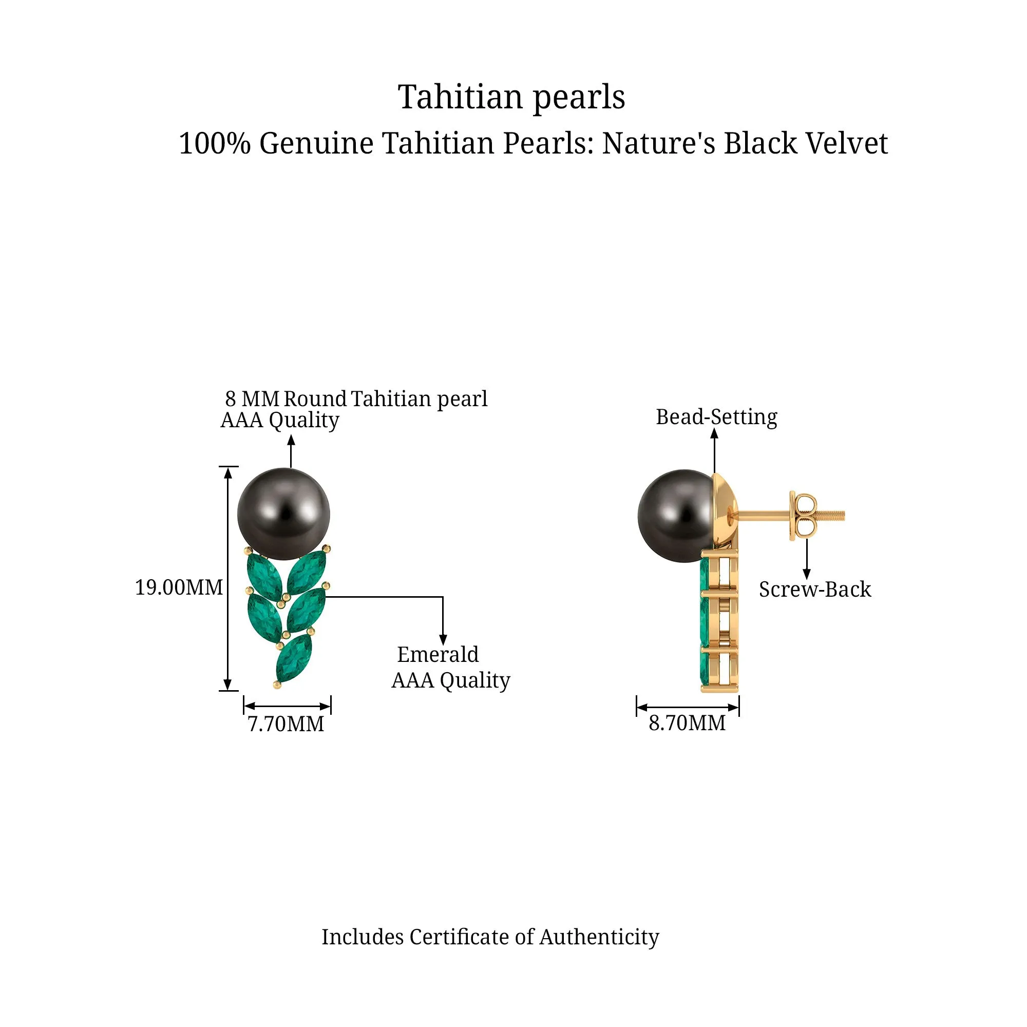Nature Inspired Black Pearl Stud Earrings with Emerald Leaf Motifs