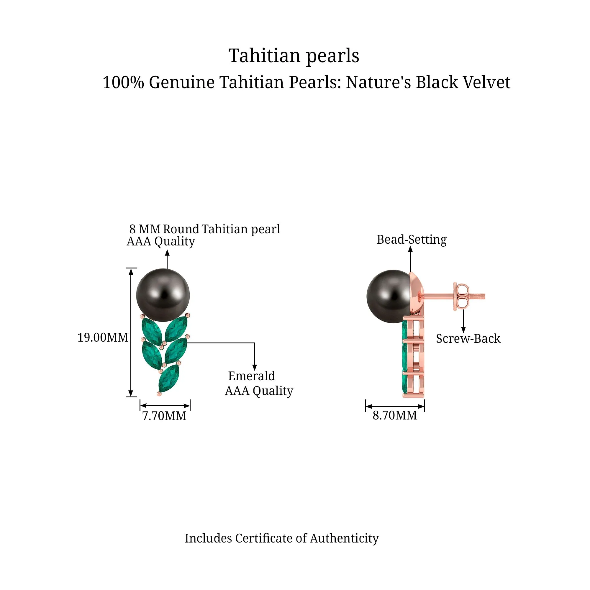 Nature Inspired Black Pearl Stud Earrings with Emerald Leaf Motifs