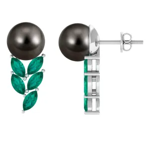 Nature Inspired Black Pearl Stud Earrings with Emerald Leaf Motifs