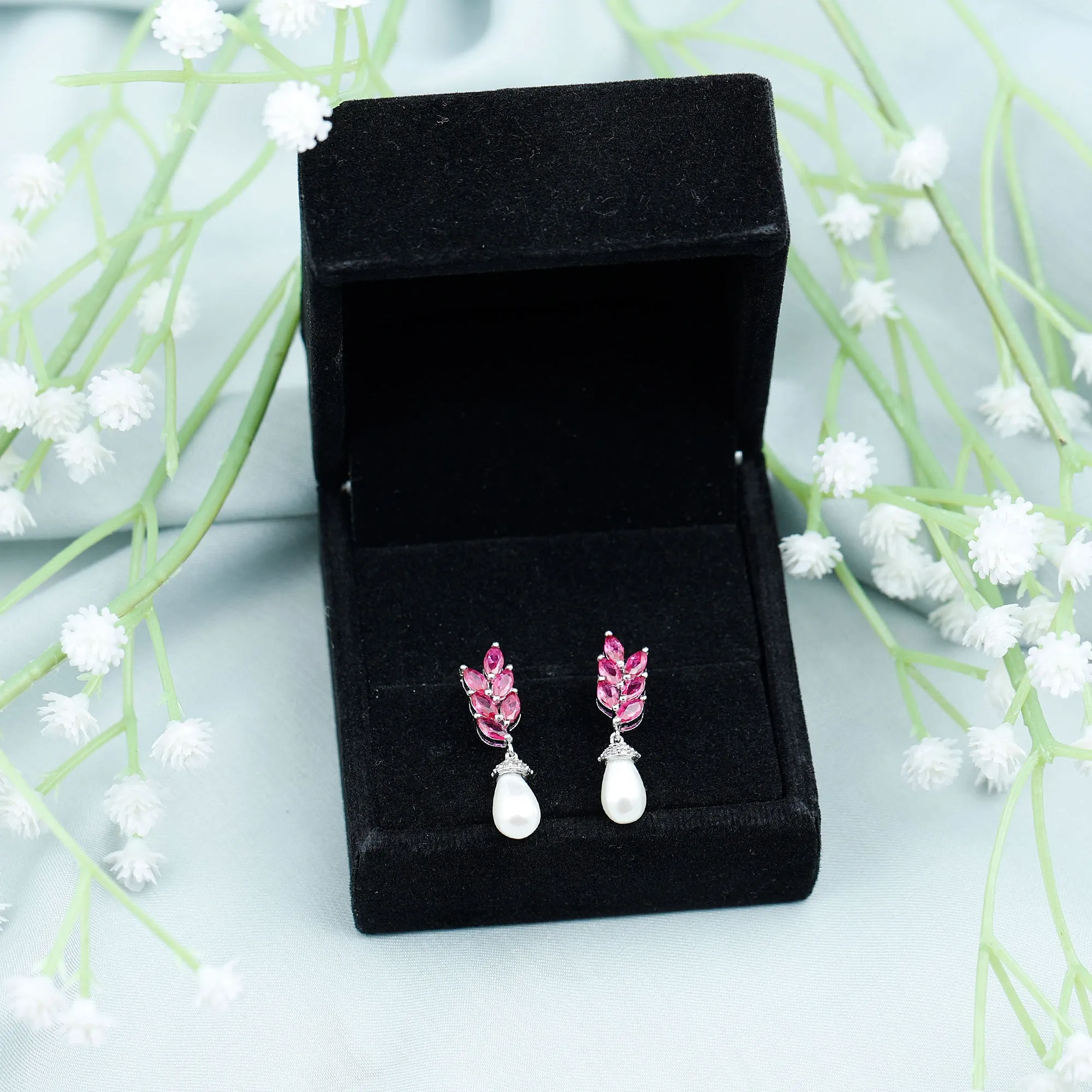 Nature Inspired Freshwater Pearl Drop Earrings with Ruby