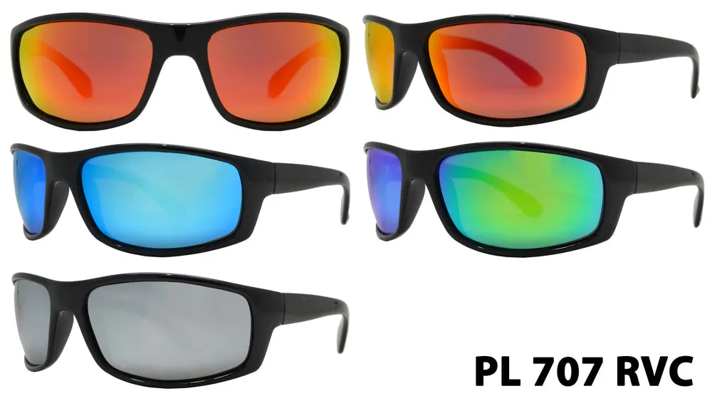 PL 707 RVC - Classic Sport Wrap Around Plastic Polarized Sunglasses with Color Mirror Lens
