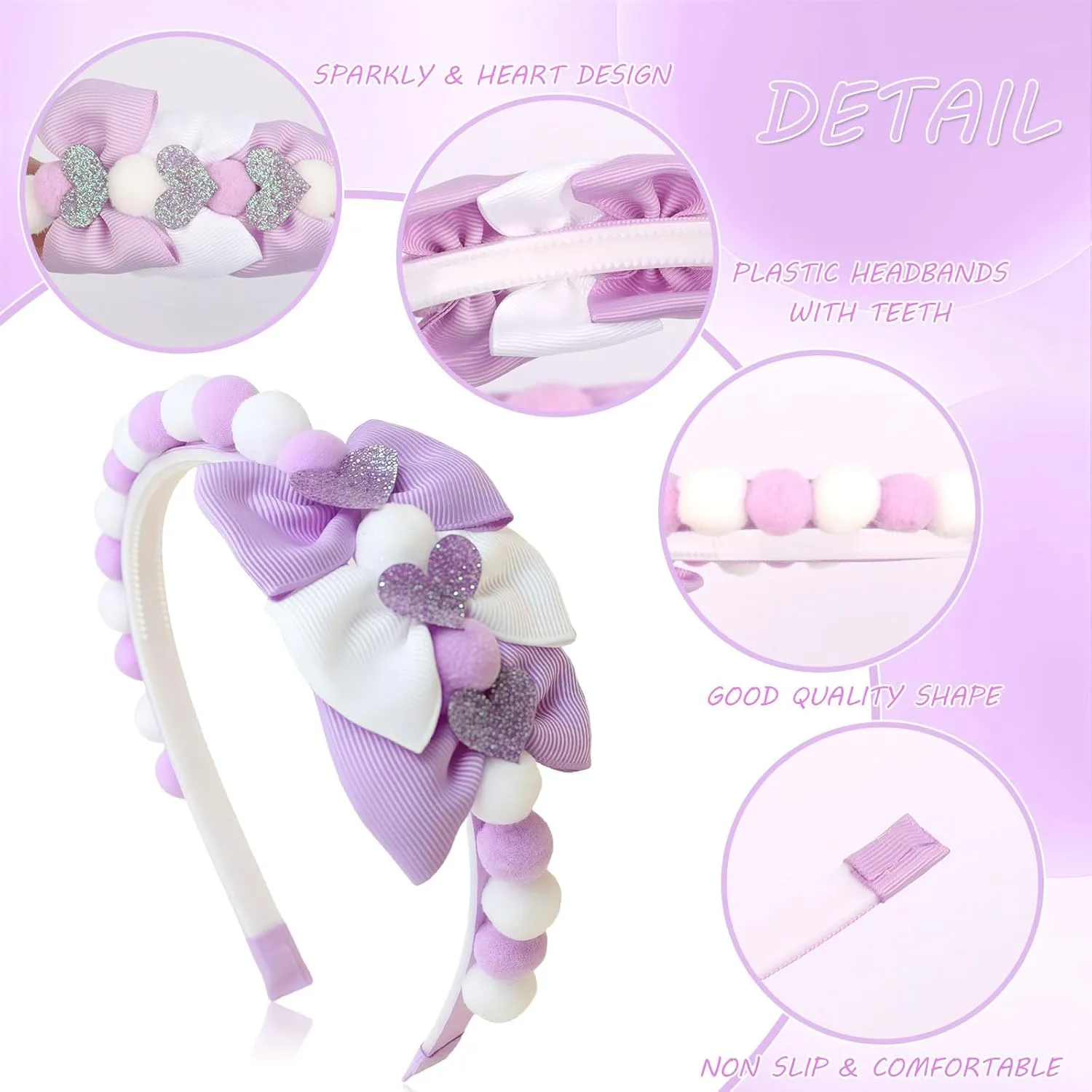 Purple Bow Headband Spring Summer Hair Accessories for Girls Women, Cute Bows Glitter Hearts Hair Band Non Slip Headbands Summer Outfit Party Supplies Decoration