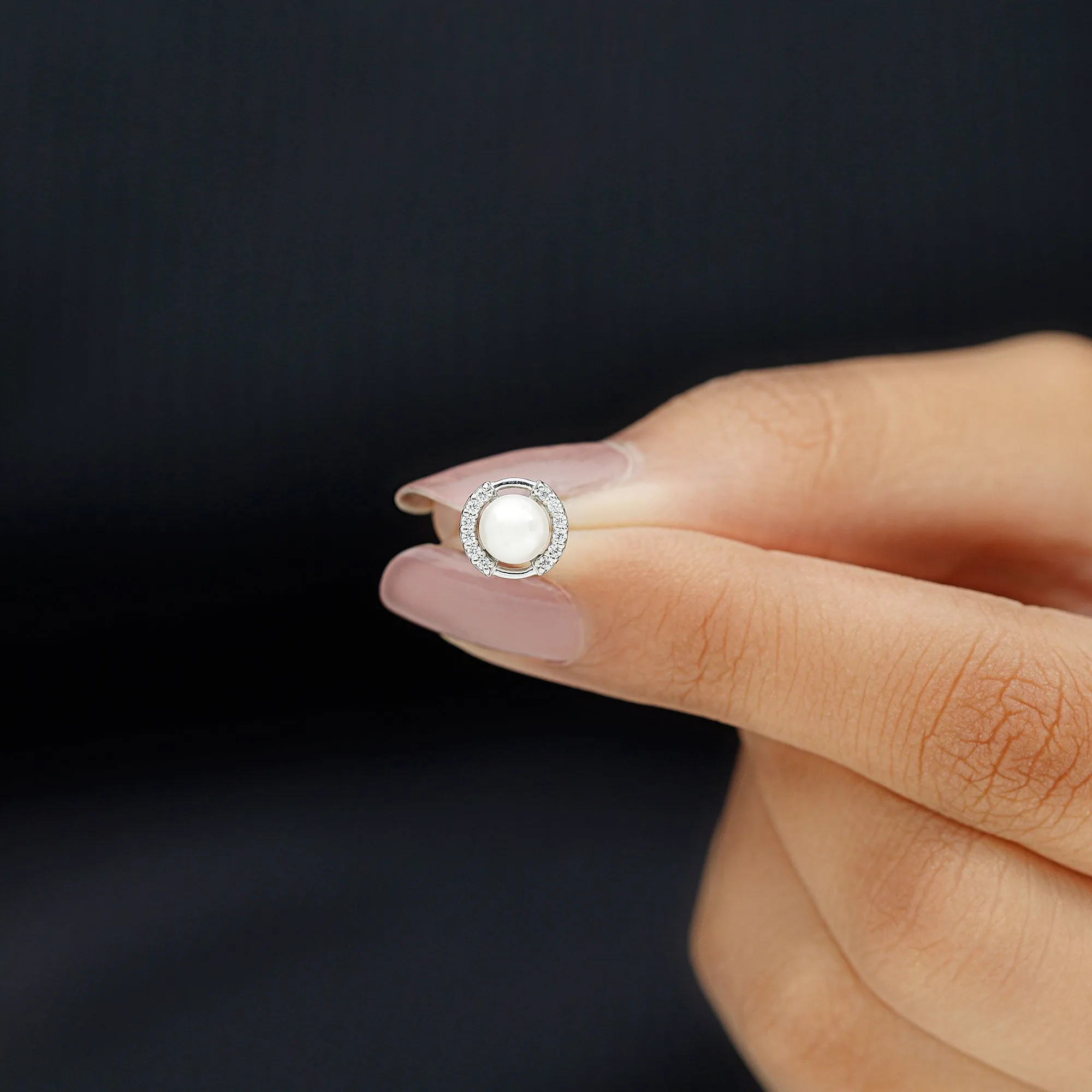 Real Freshwater Pearl Circle Cartilage Earring with Diamond