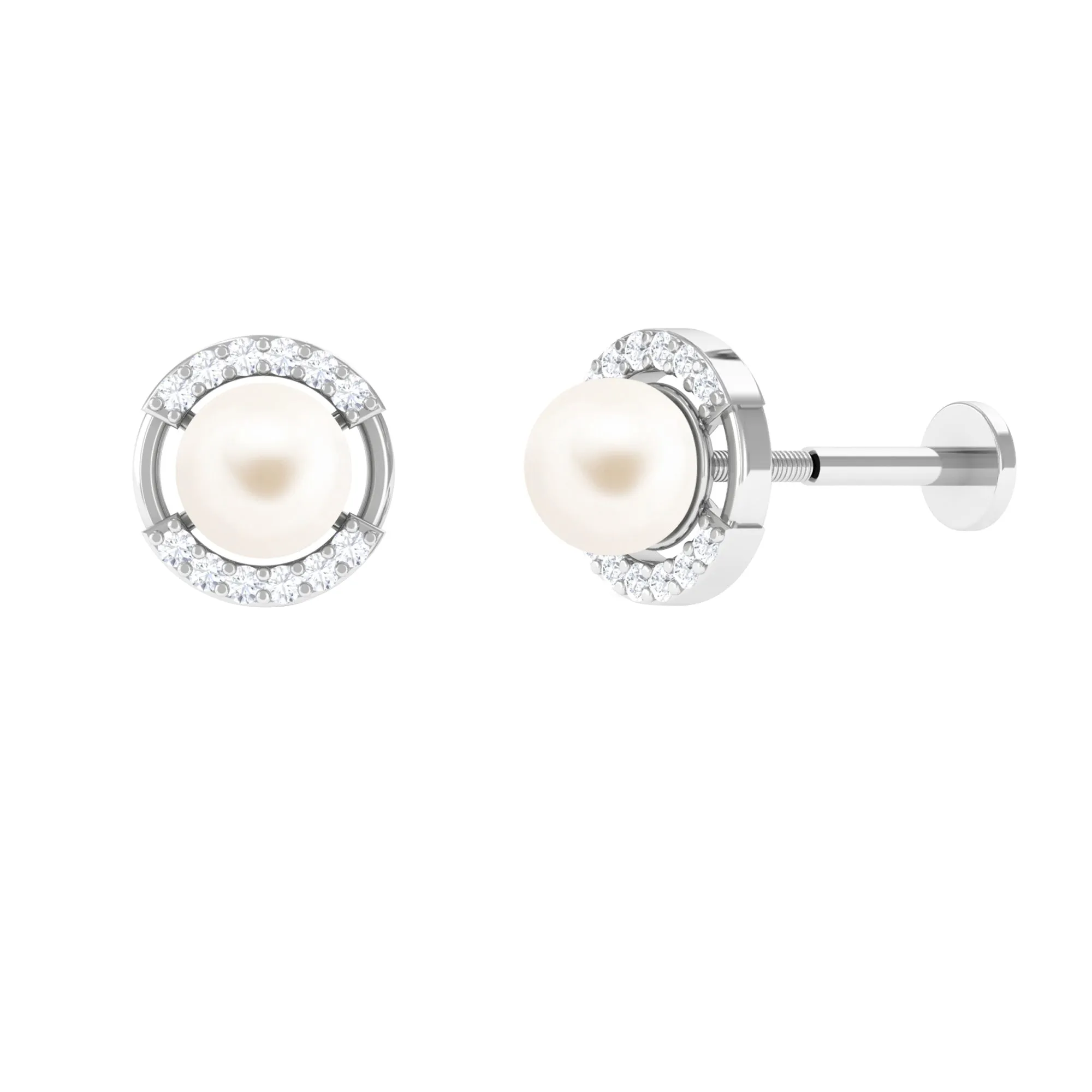 Real Freshwater Pearl Circle Cartilage Earring with Diamond