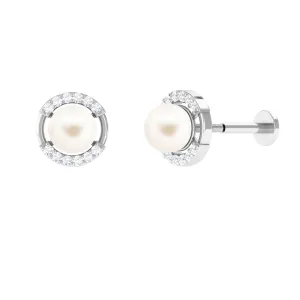 Real Freshwater Pearl Circle Cartilage Earring with Diamond