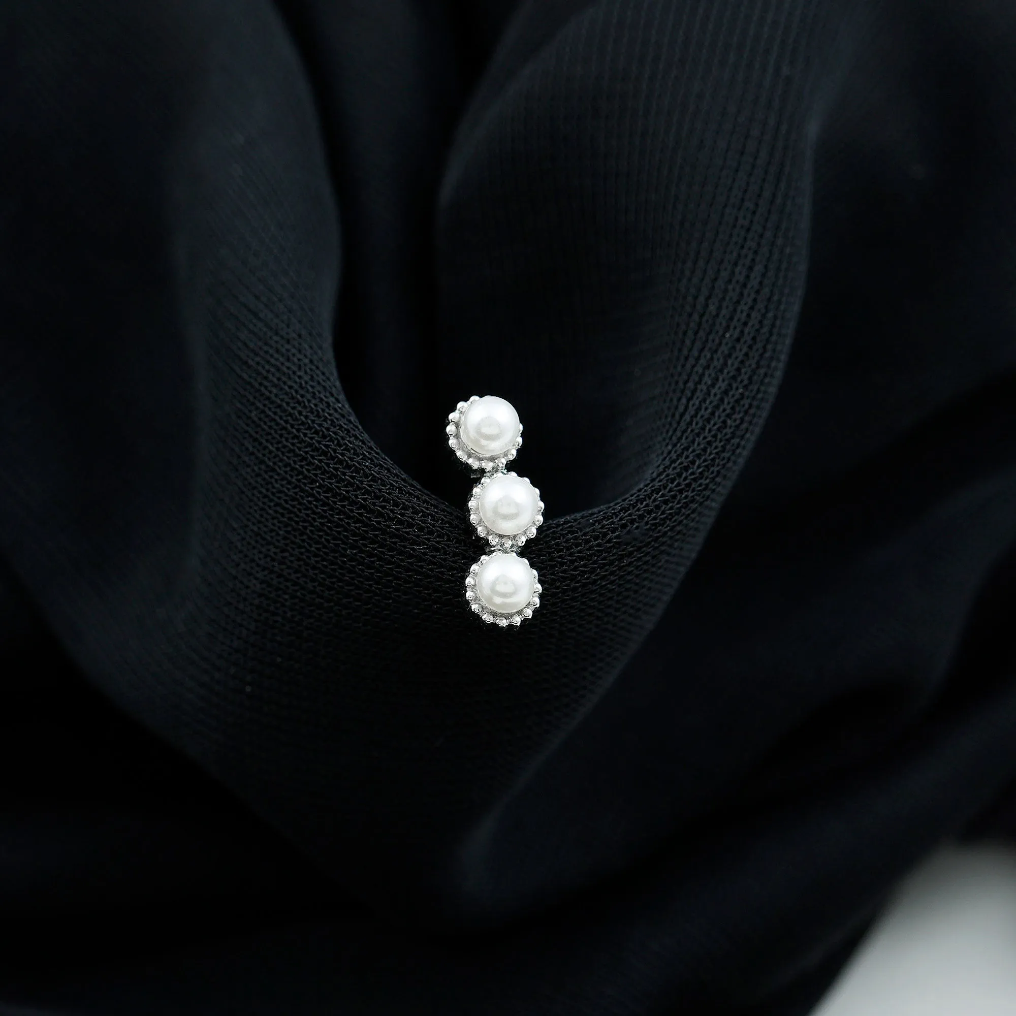 Real Freshwater Pearl Three Stone Crawler Earring