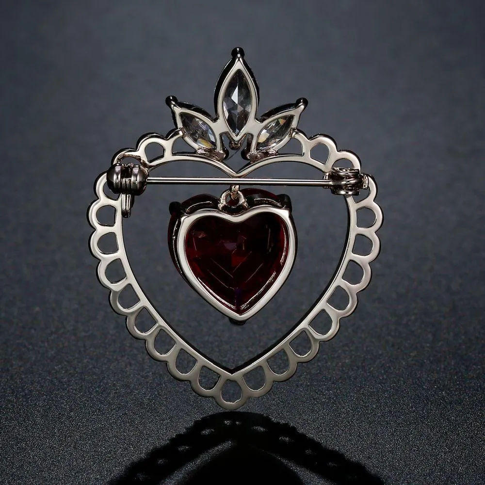 Red Cubic Zirconia Double Heart Brooch -KFJB0110