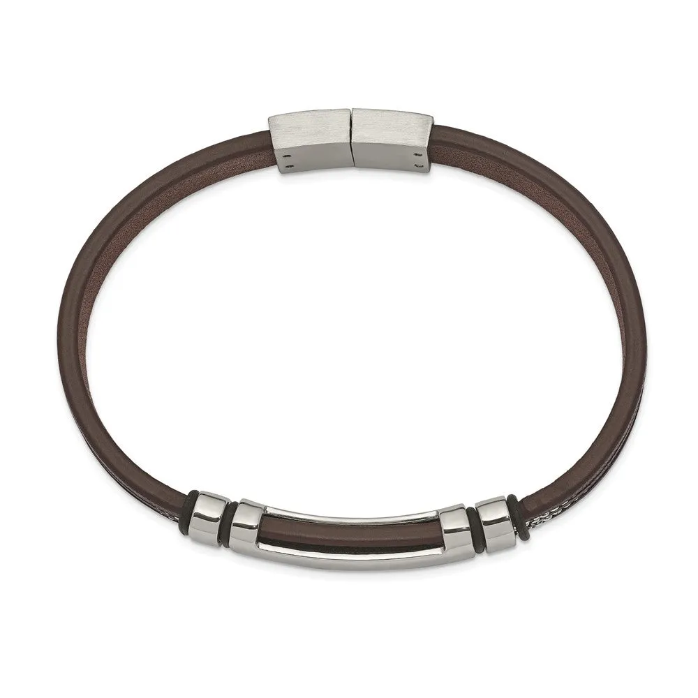 Stainless Steel Polished Brown Leather w/Black Rubber 8.25in ID Bracelet