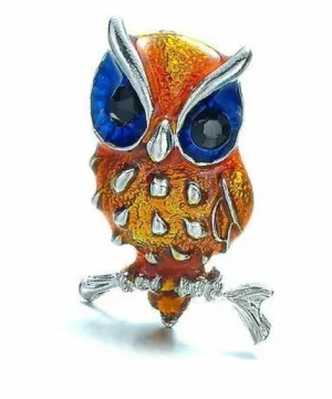 Stunning vintage look silver plated small owl blue eyes brooch broach pin z21
