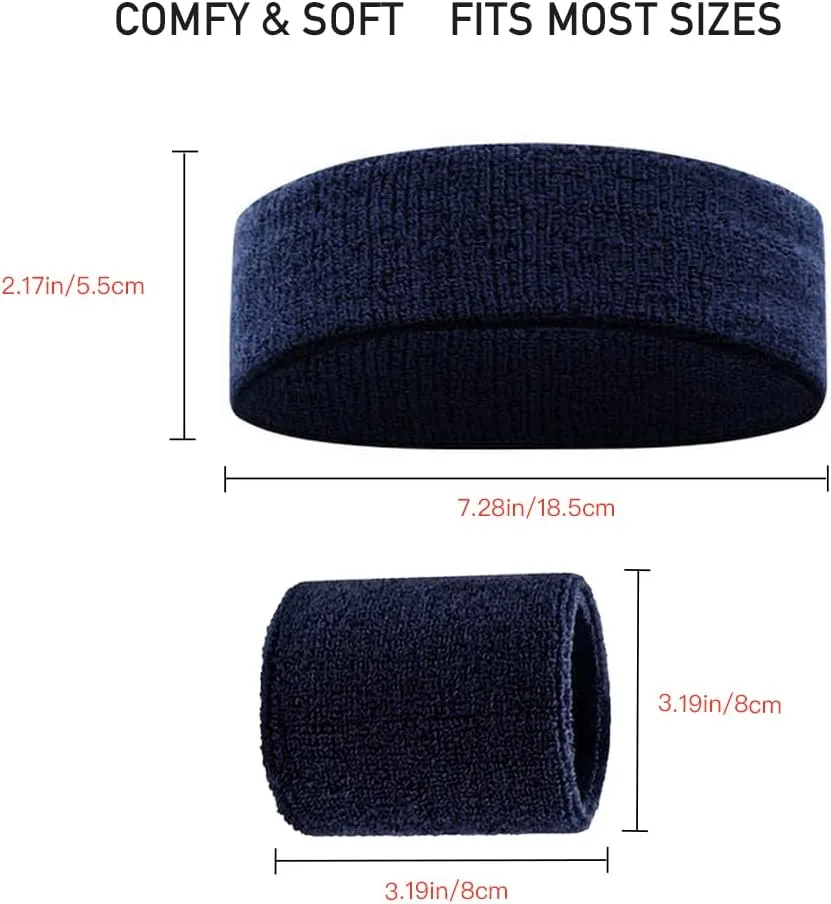 Sweatband Set  Headband & Wristband for Men, Women & Kids | Terry Cloth Athletic Sweatbands for Workout, Gym, Yoga, Running, Tennis, Basketball, Baseball, Soccer | Sports Accessories