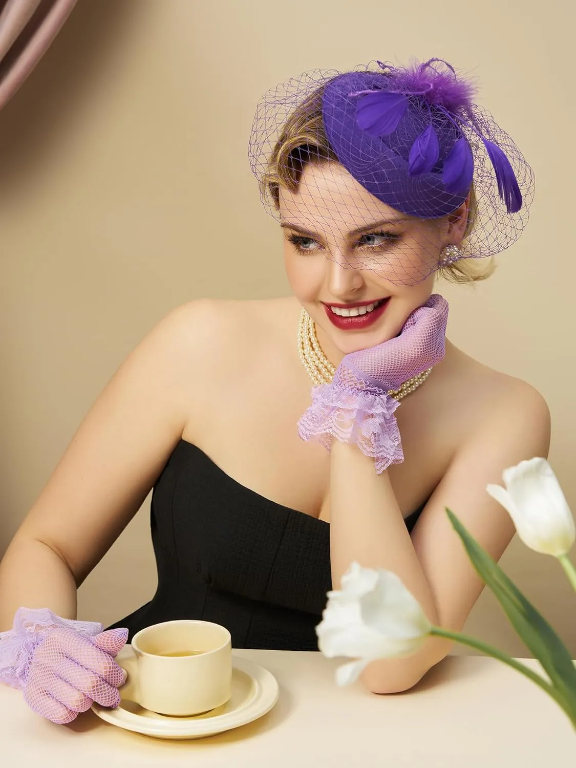 SWEETV Fascinators Pillbox Hats for Women, Tea Party Hat and Short Lace Gloves Set Perfect for Kentucky Derby, Cocktail