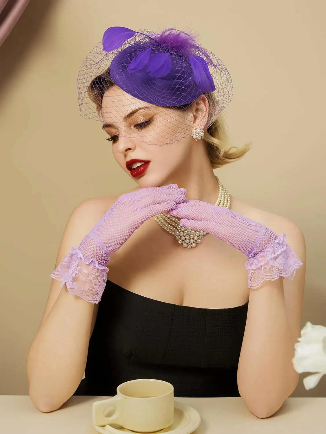 SWEETV Fascinators Pillbox Hats for Women, Tea Party Hat and Short Lace Gloves Set Perfect for Kentucky Derby, Cocktail