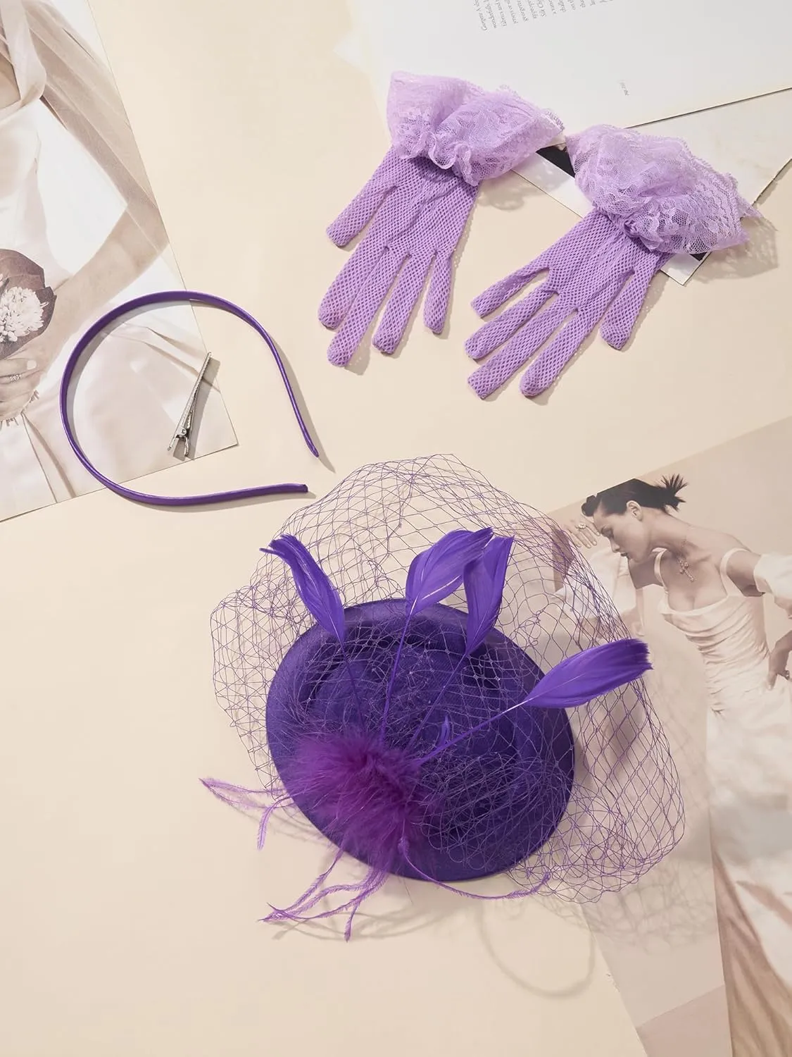 SWEETV Fascinators Pillbox Hats for Women, Tea Party Hat and Short Lace Gloves Set Perfect for Kentucky Derby, Cocktail