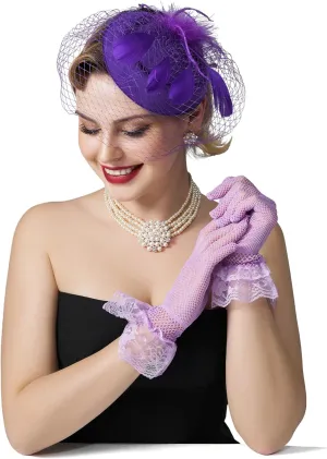 SWEETV Fascinators Pillbox Hats for Women, Tea Party Hat and Short Lace Gloves Set Perfect for Kentucky Derby, Cocktail