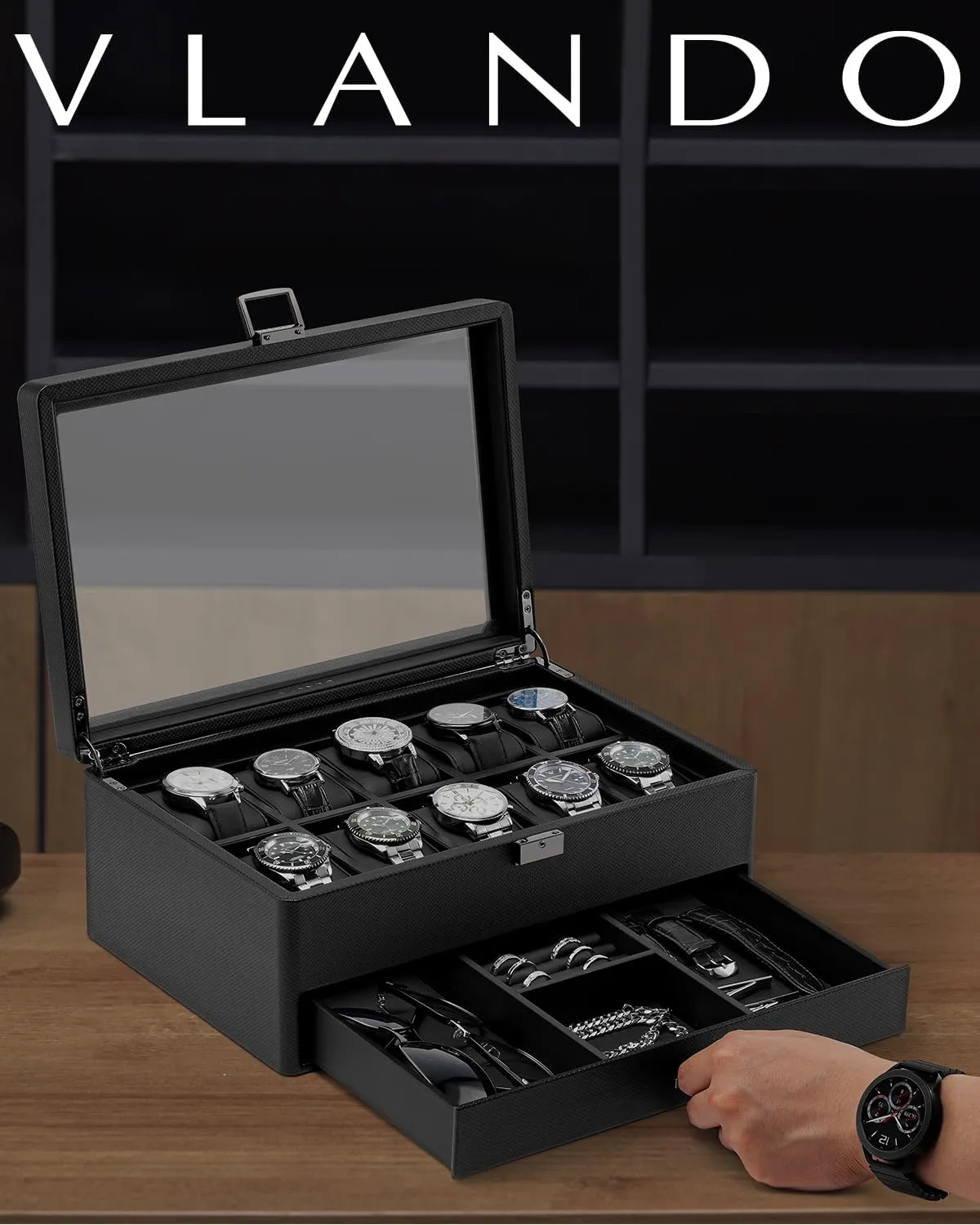 Vlando Watch Box 10 Slots, Lockable Watch Case with Textured Leather, 2 Layer Watch Holder for Rings, Glasses, Mens Jewelry Box with Glass Lid, Removable Divider, Gifts for Father, Husband, Black