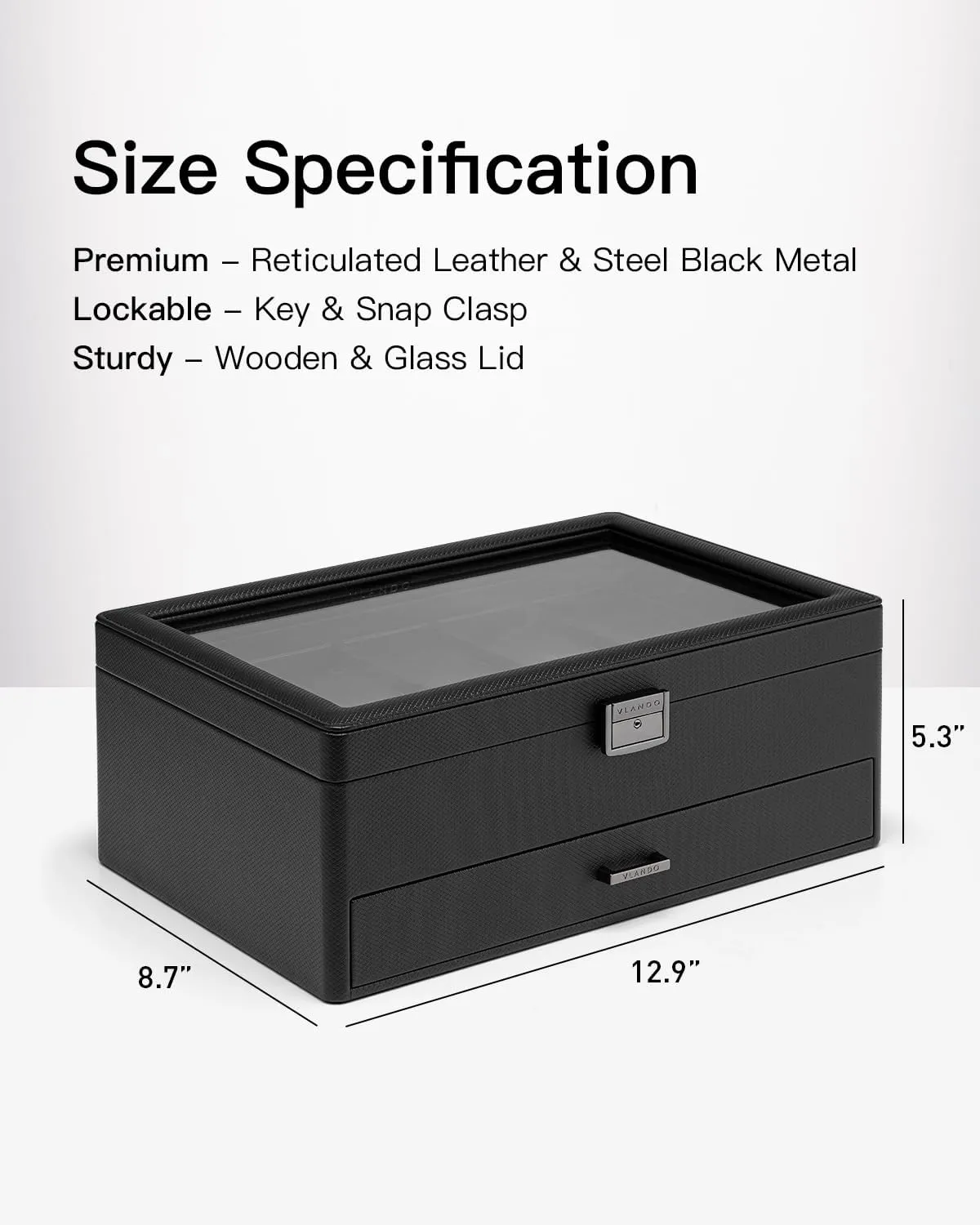 Vlando Watch Box 10 Slots, Lockable Watch Case with Textured Leather, 2 Layer Watch Holder for Rings, Glasses, Mens Jewelry Box with Glass Lid, Removable Divider, Gifts for Father, Husband, Black