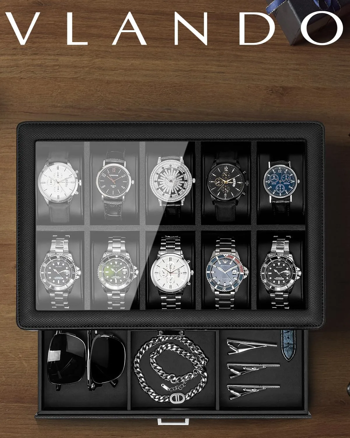 Vlando Watch Box 10 Slots, Lockable Watch Case with Textured Leather, 2 Layer Watch Holder for Rings, Glasses, Mens Jewelry Box with Glass Lid, Removable Divider, Gifts for Father, Husband, Black