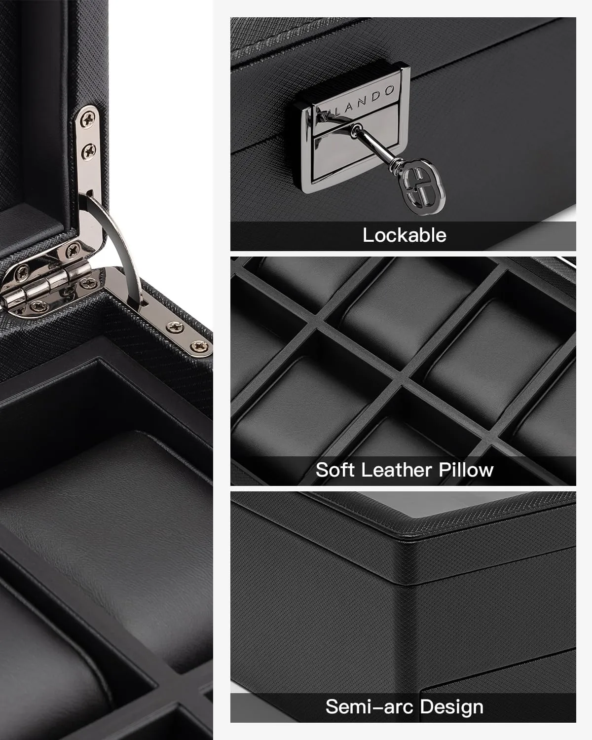 Vlando Watch Box 10 Slots, Lockable Watch Case with Textured Leather, 2 Layer Watch Holder for Rings, Glasses, Mens Jewelry Box with Glass Lid, Removable Divider, Gifts for Father, Husband, Black