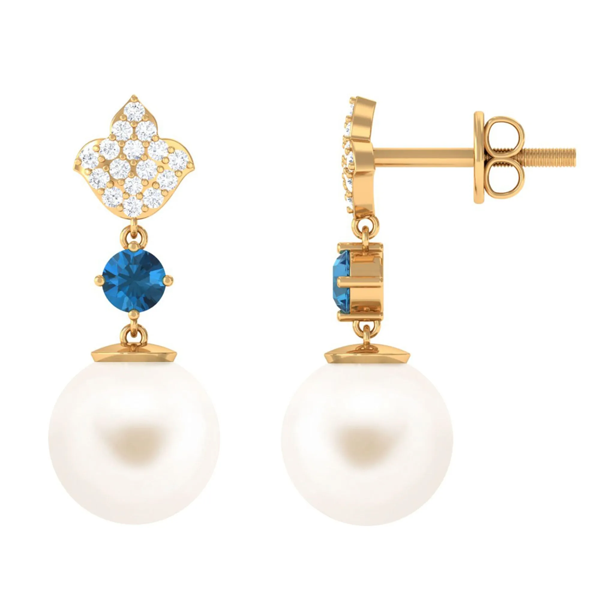 White Pearl Drop Earrings with Blue Topaz and Diamond
