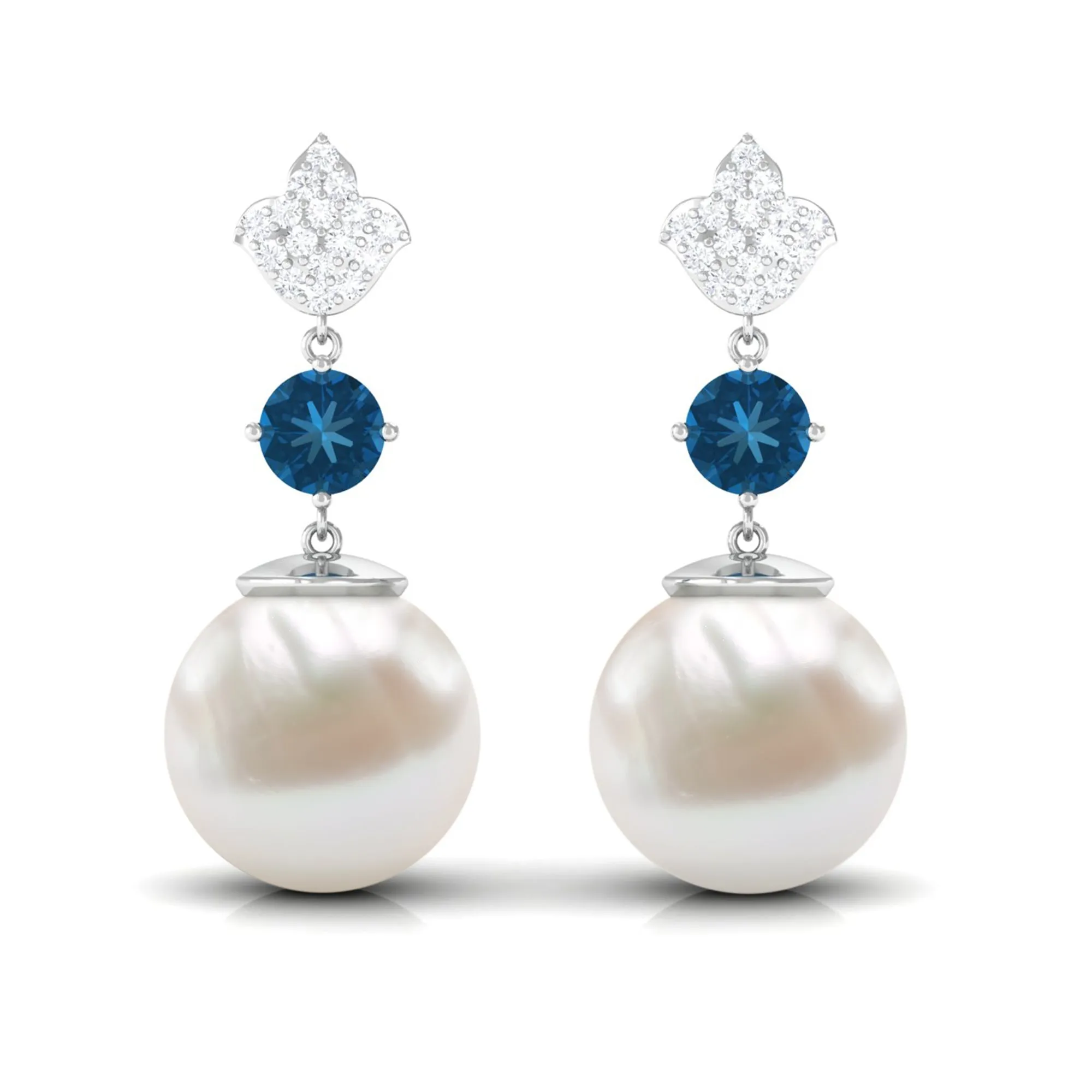 White Pearl Drop Earrings with Blue Topaz and Diamond