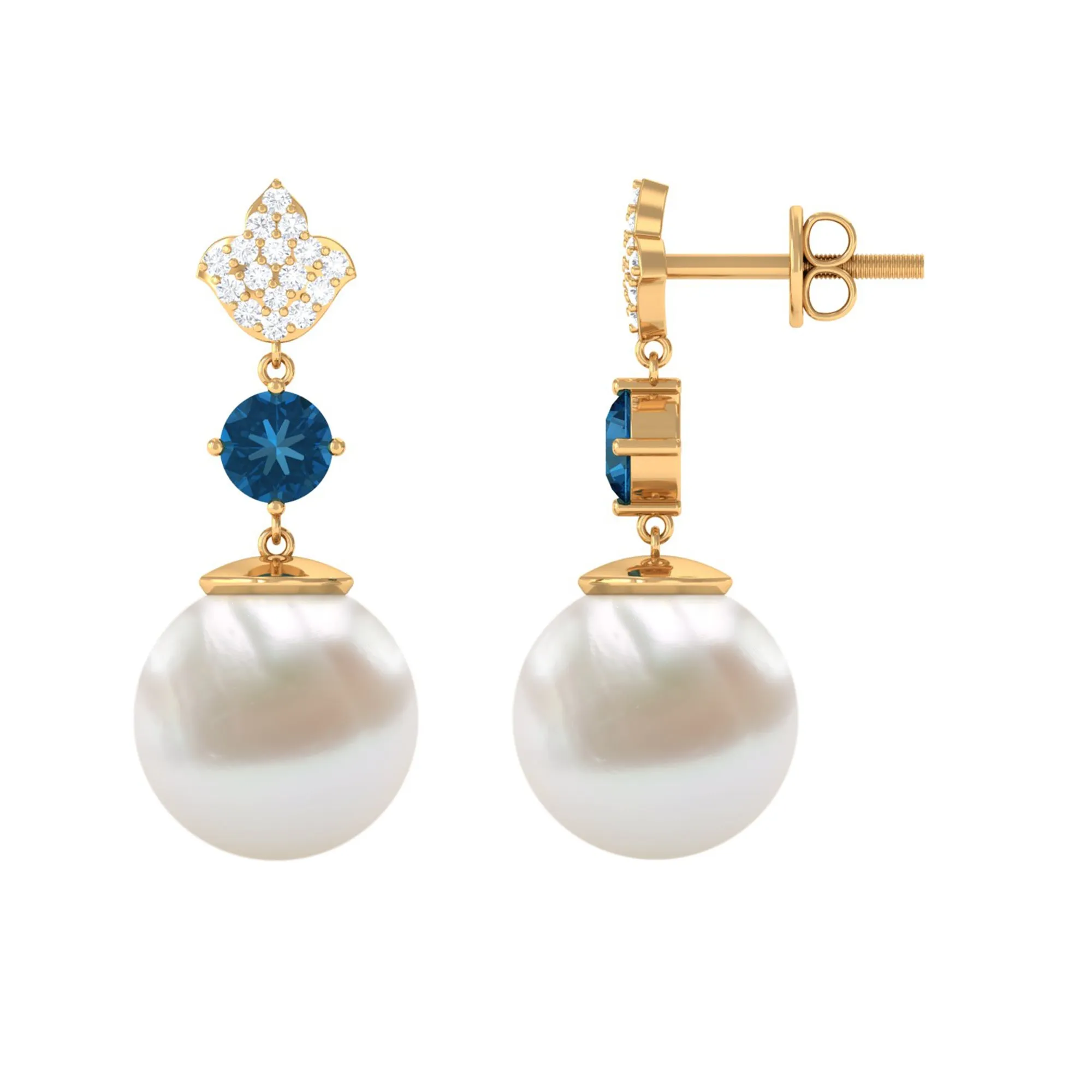 White Pearl Drop Earrings with Blue Topaz and Diamond