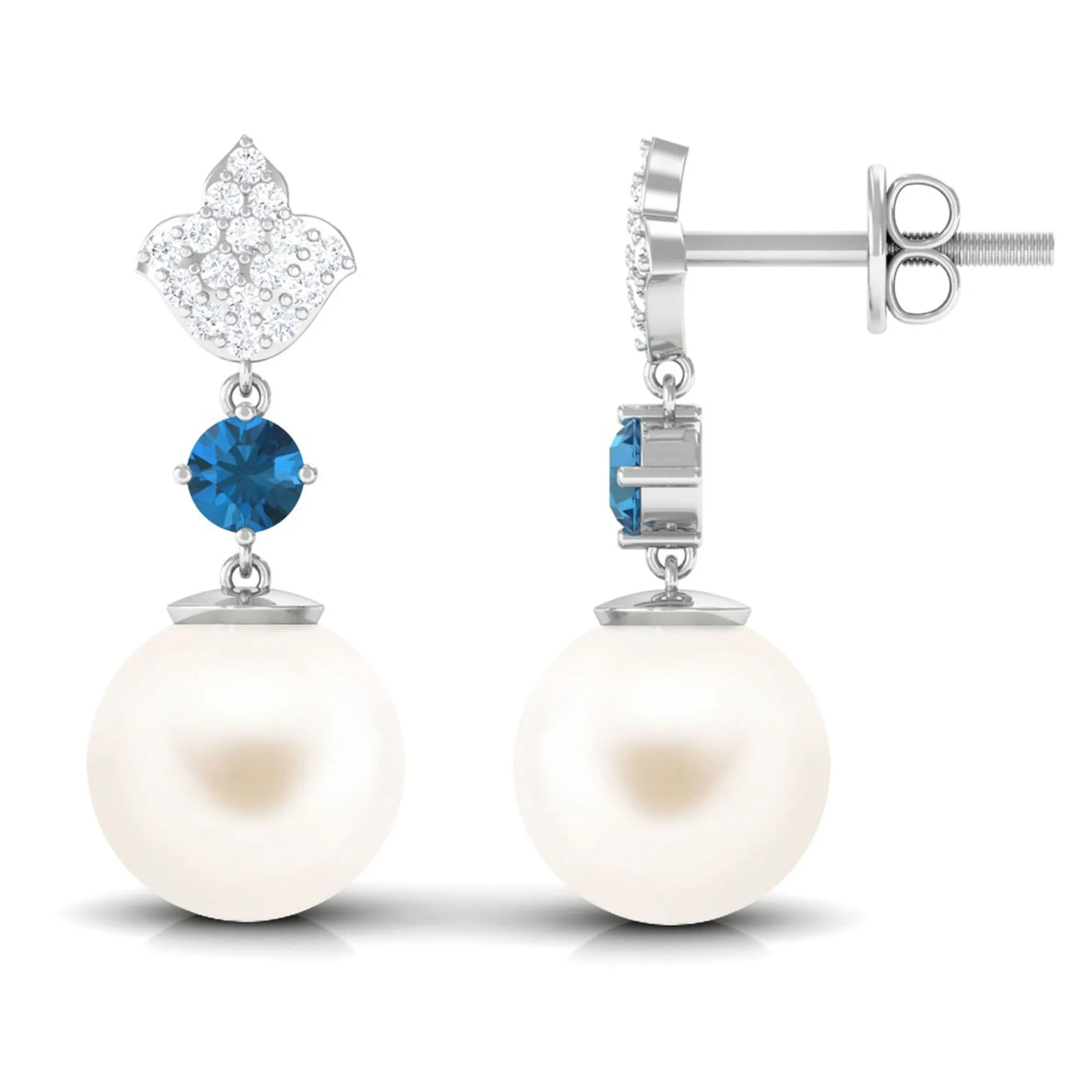 White Pearl Drop Earrings with Blue Topaz and Diamond