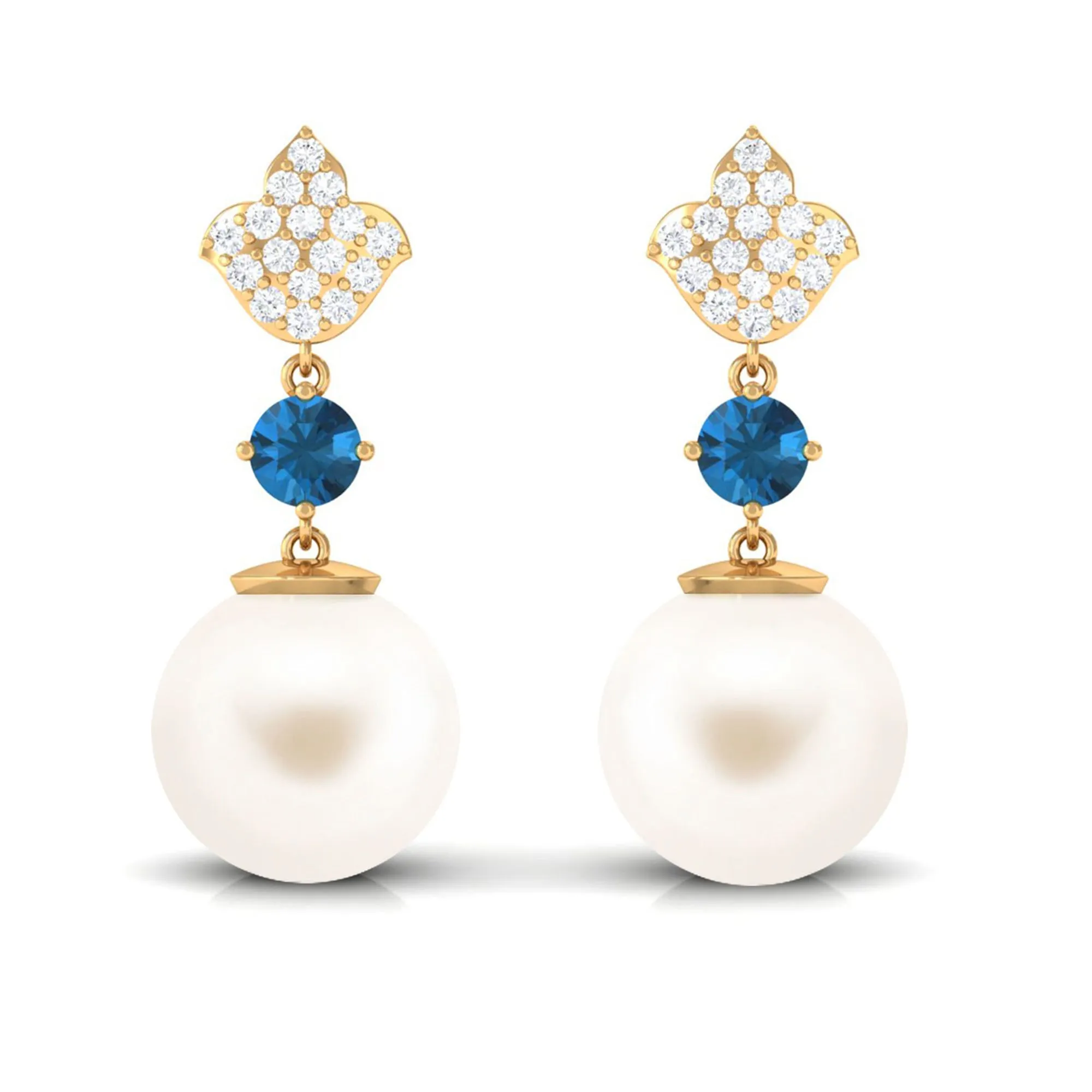 White Pearl Drop Earrings with Blue Topaz and Diamond