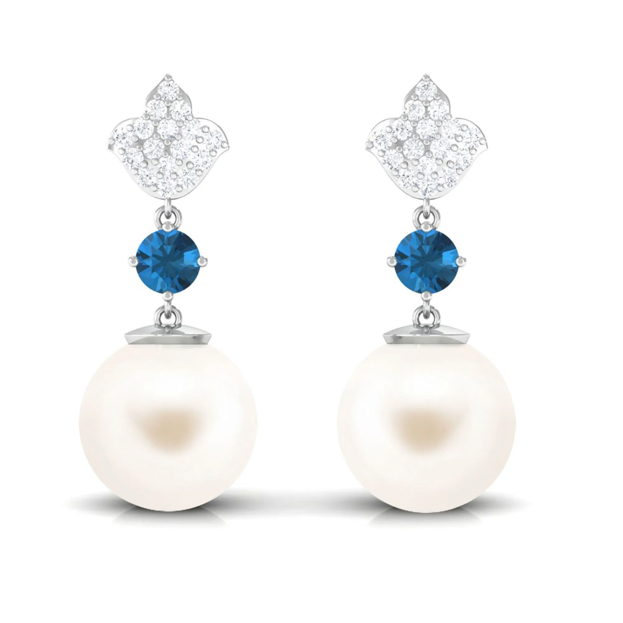 White Pearl Drop Earrings with Blue Topaz and Diamond