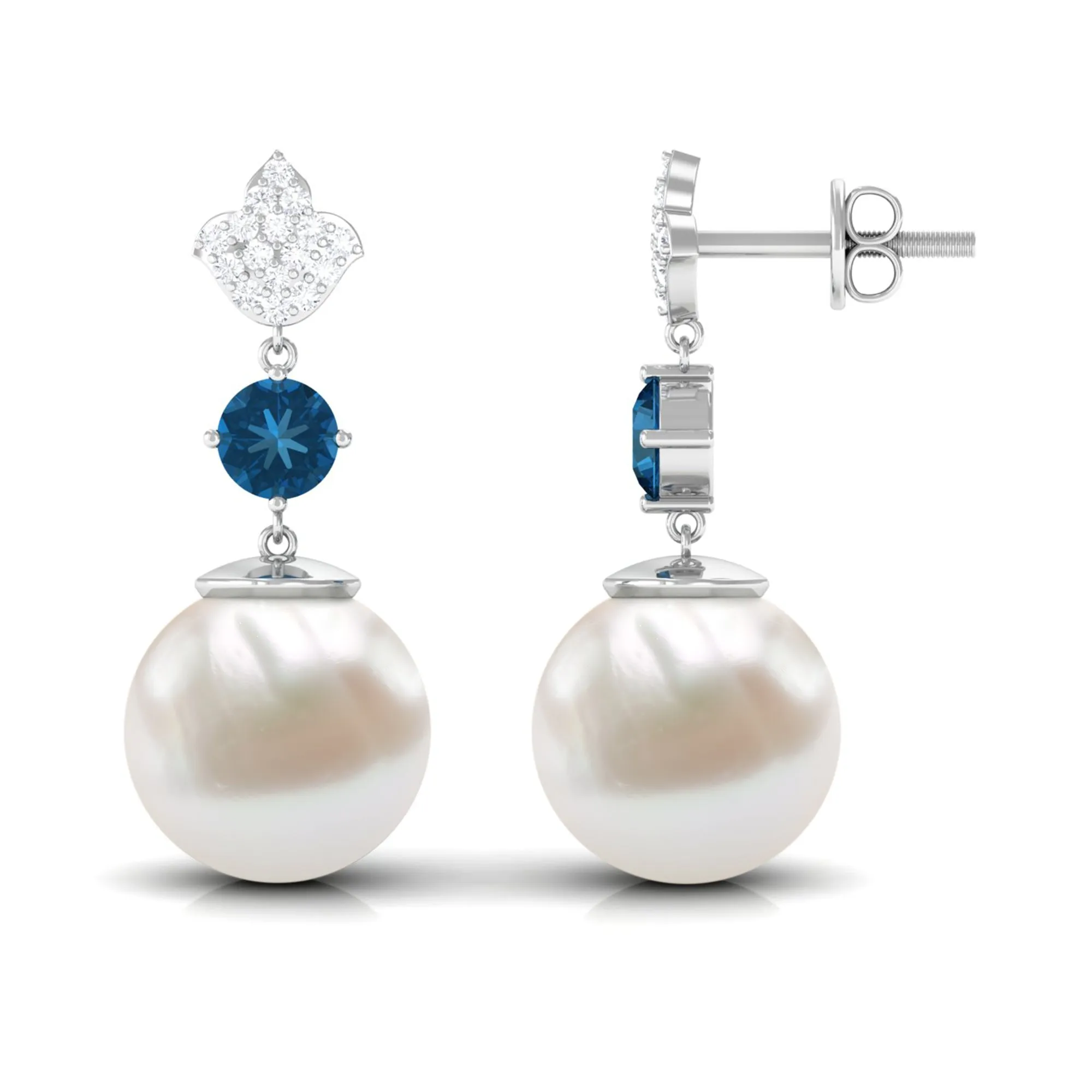 White Pearl Drop Earrings with Blue Topaz and Diamond