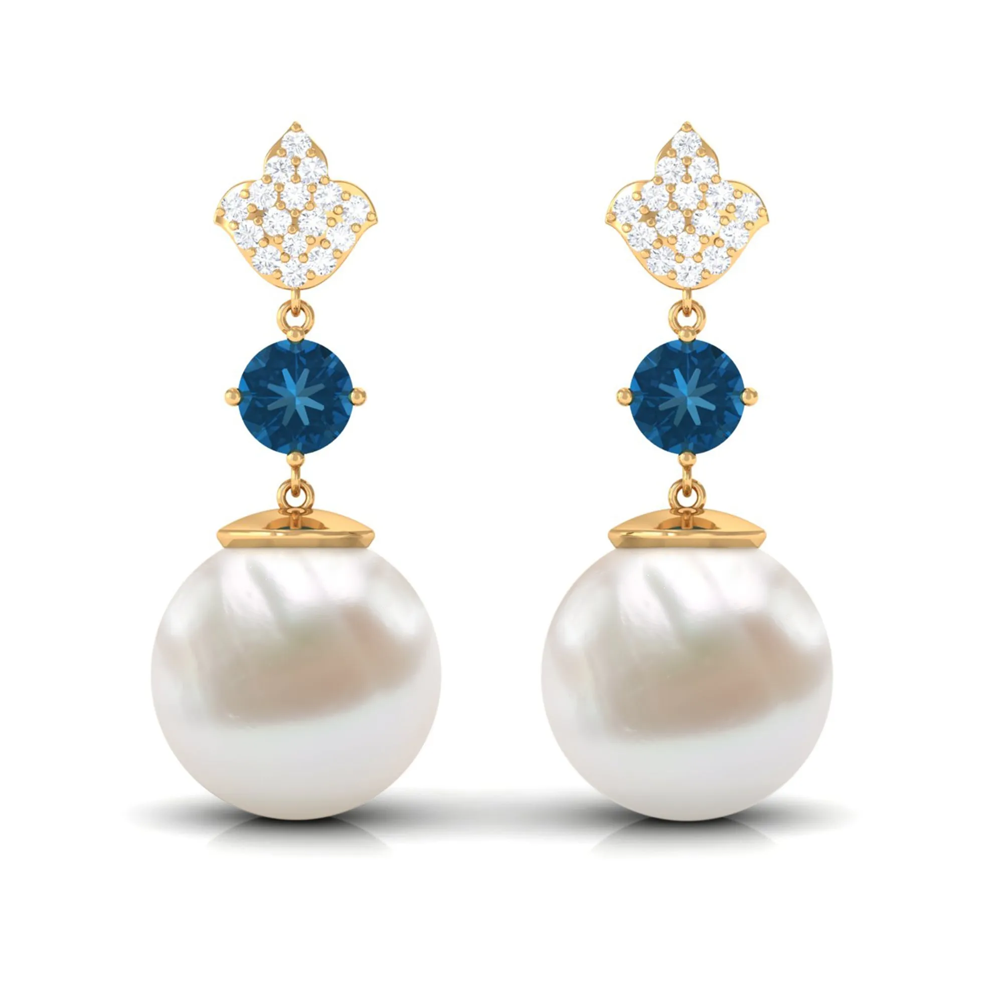White Pearl Drop Earrings with Blue Topaz and Diamond
