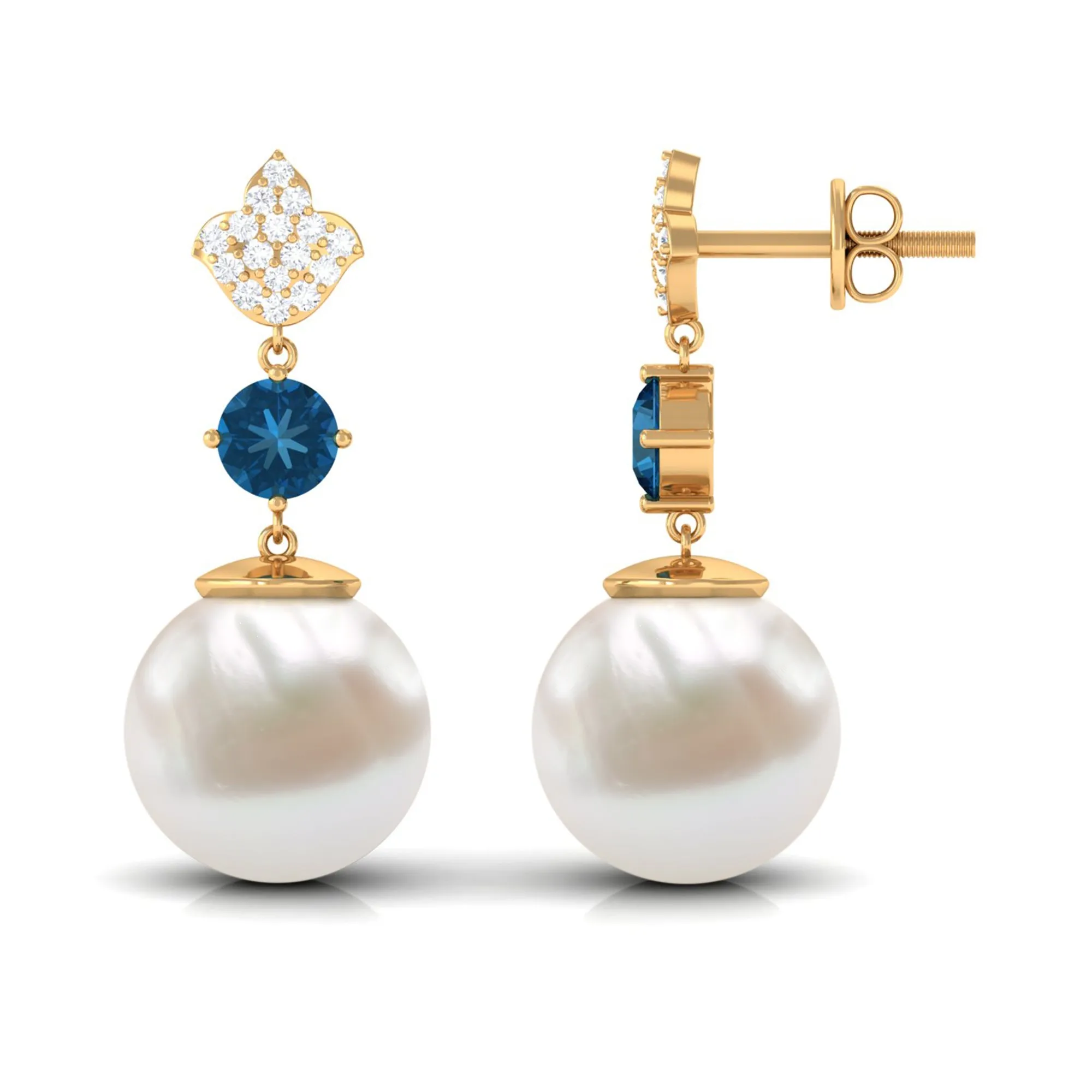 White Pearl Drop Earrings with Blue Topaz and Diamond