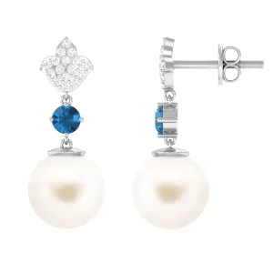 White Pearl Drop Earrings with Blue Topaz and Diamond