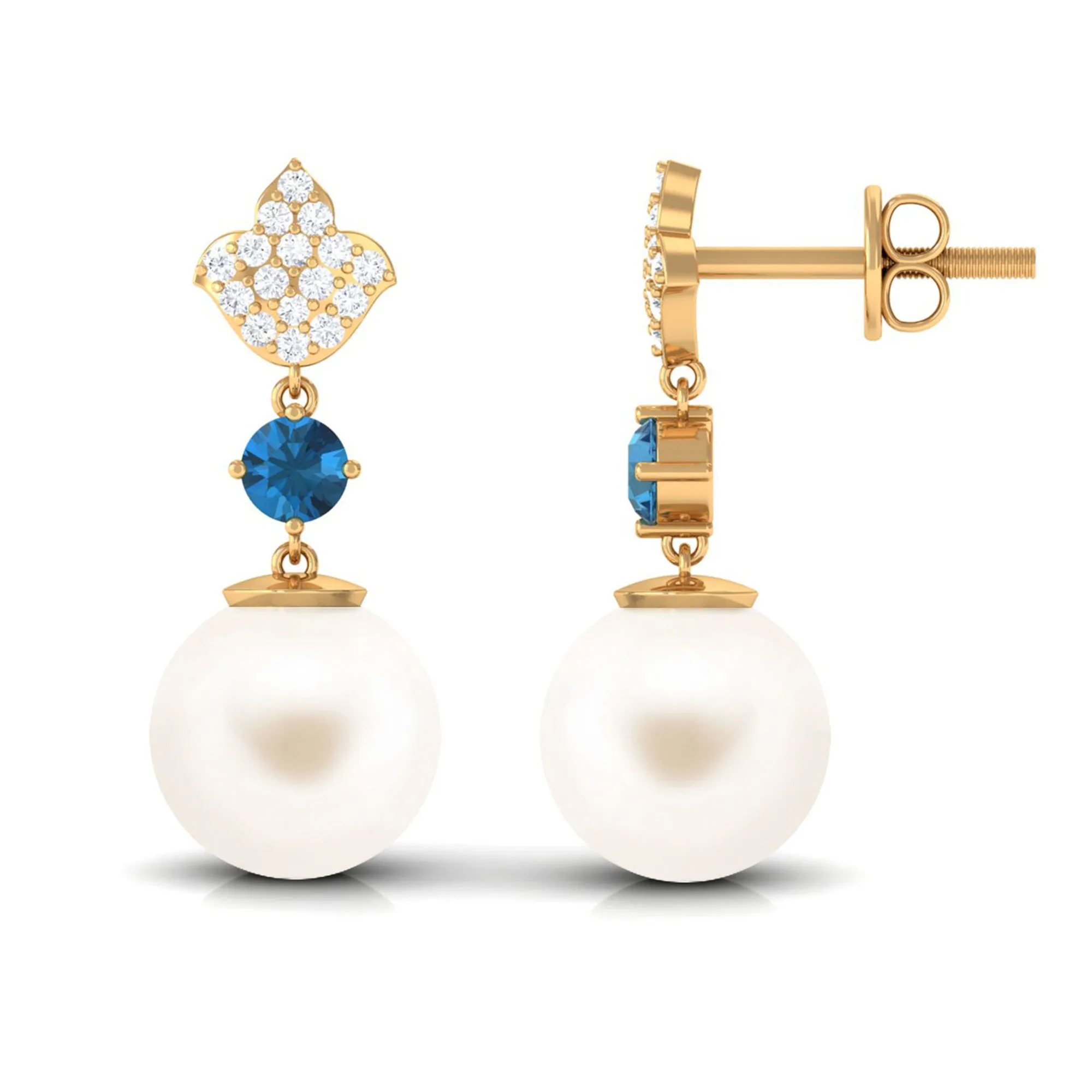 White Pearl Drop Earrings with Blue Topaz and Diamond