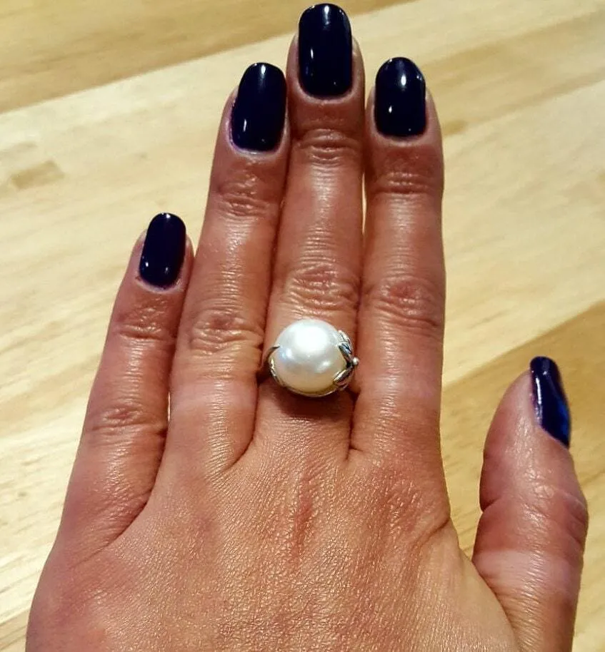 White Pearl Ring - Pearl Statement Ring - Pearl Leaf Ring